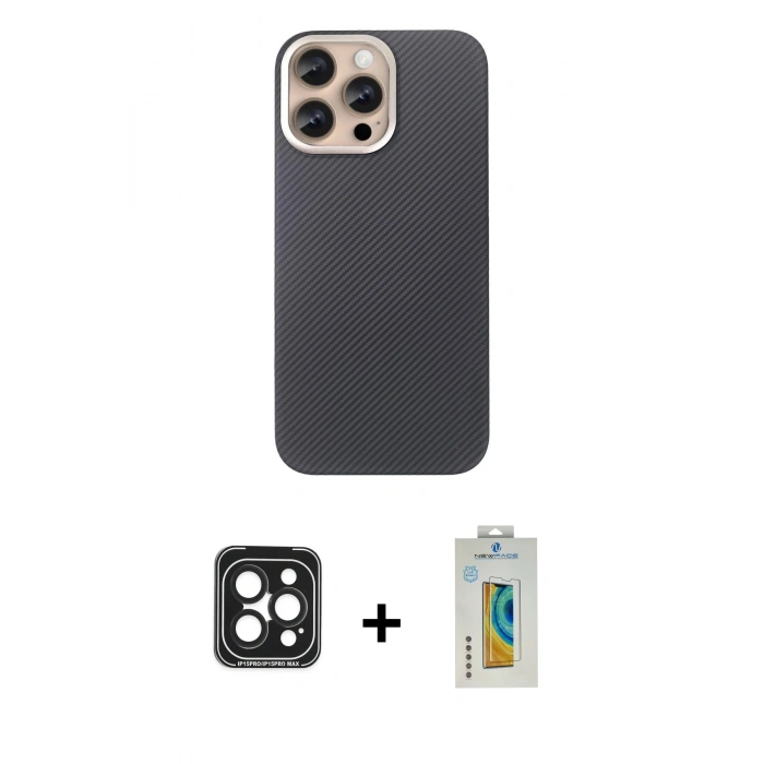 MARSİLYAN™- iPhone 15 Pro Max Kılıf Eksen Prime - Siyah Polymer Nano Ekran Koruyucu + PVD Metal Kamera Lens - SH