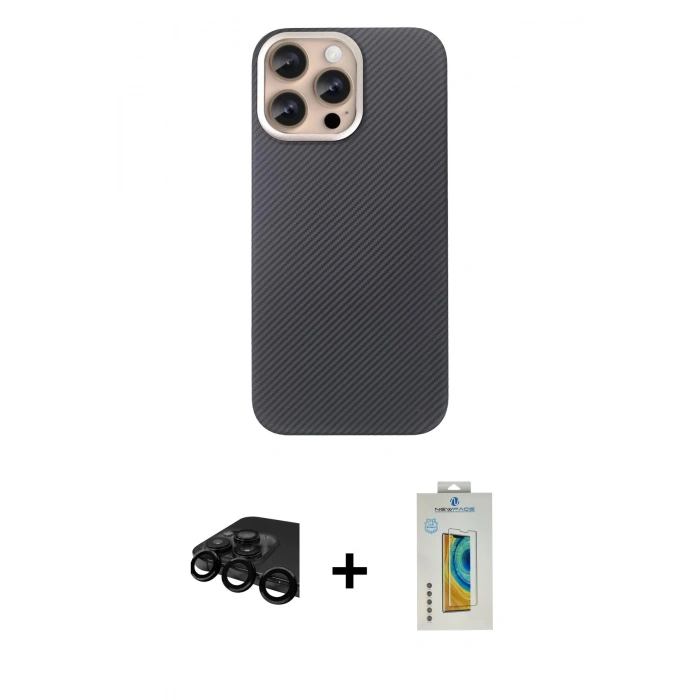 MARSİLYAN™- iPhone 15 Pro Max Kılıf Eksen Prime - Siyah Polymer Nano Ekran Koruyucu + Raze Metal Kamera Lens - SH