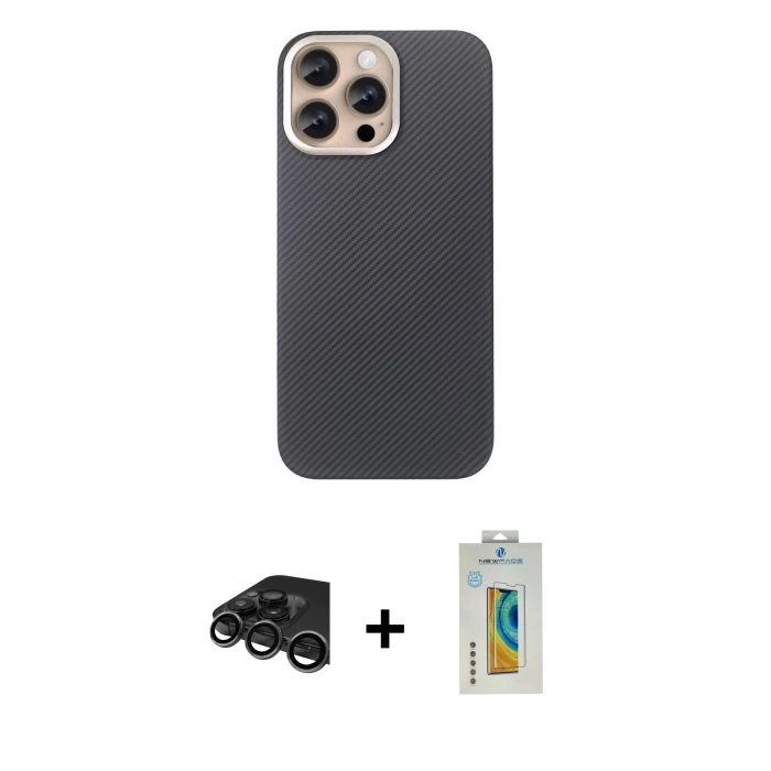 MARSİLYAN™- iPhone 15 Pro Max Kılıf Eksen Prime - Siyah Polymer Nano Ekran Koruyucu + Raze Metal Kamera Lens - TMGI