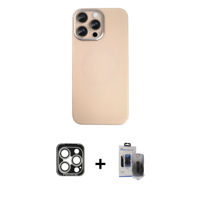MARSİLYAN™- iPhone 15 Pro Max Kılıf Eksen Prime - Siyah Vanessa Magic Hayalet Cam + PVD Metal Kamera Lens - GS