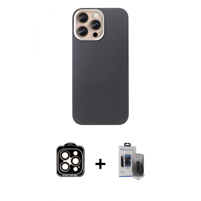 MARSİLYAN™- iPhone 15 Pro Max Kılıf Eksen Prime - Siyah Vanessa Magic Hayalet Cam + PVD Metal Kamera Lens - TU