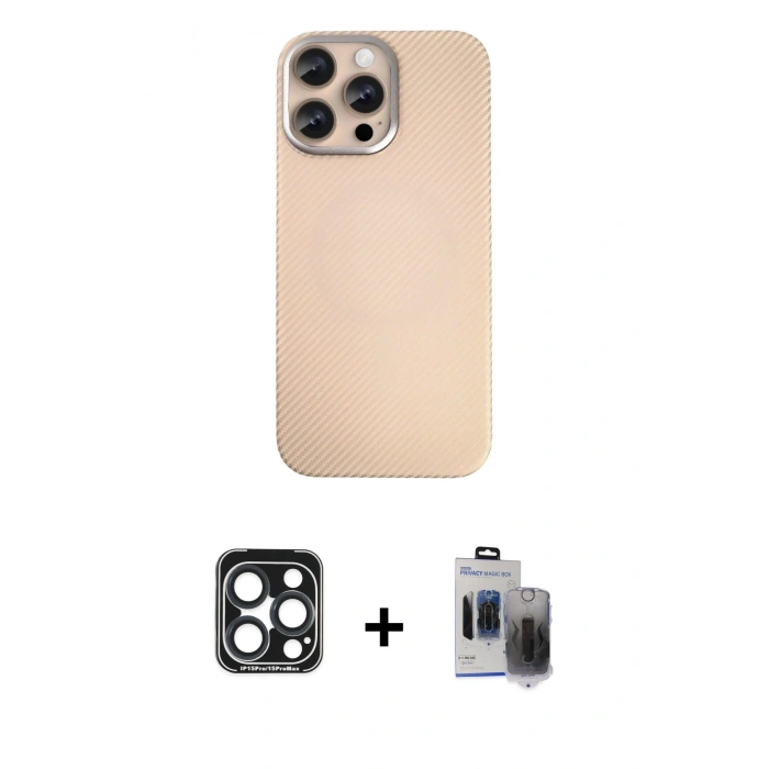 MARSİLYAN™- iPhone 15 Pro Max Kılıf Eksen Prime - Siyah Vanessa Magic Hayalet Cam + PVD Metal Kamera Lens - LT