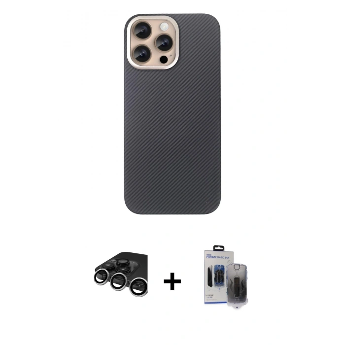 MARSİLYAN™- iPhone 15 Pro Max Kılıf Eksen Prime - Siyah Vanessa Magic Hayalet Cam + Raze Metal Kamera Lens - GS