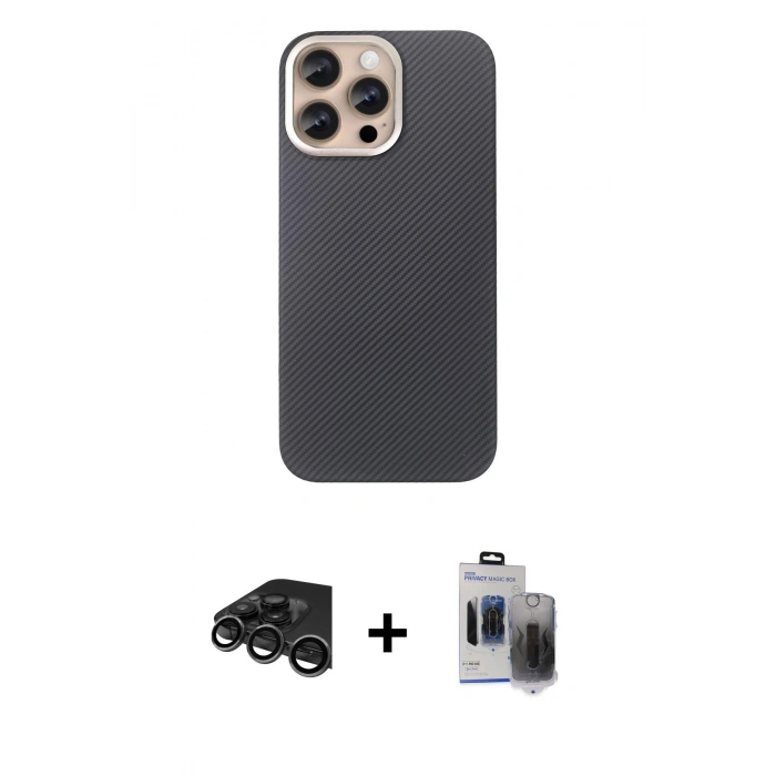 MARSİLYAN™- iPhone 15 Pro Max Kılıf Eksen Prime - Siyah Vanessa Magic Hayalet Cam + Raze Metal Kamera Lens - TMGI