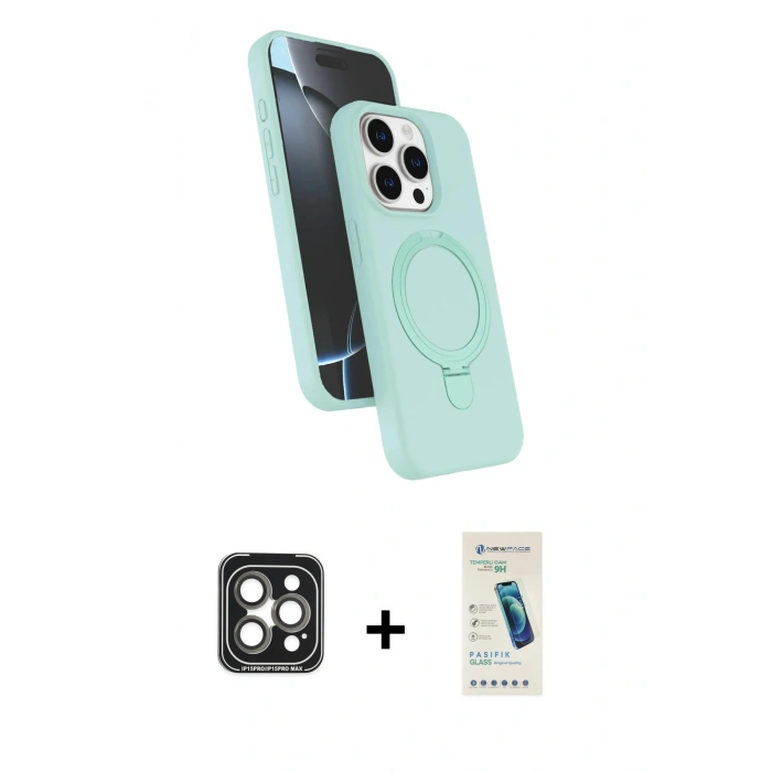 MARSİLYAN™- iPhone 15 Pro Max Kılıf İz Işık Koleksiyonu - Şeffaf Pasifik Cam Ekran Koruyucu + Gri PVD Metal Kamera Lens