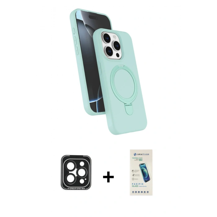 MARSİLYAN™- iPhone 15 Pro Max Kılıf İz Işık Koleksiyonu - Şeffaf Pasifik Cam Ekran Koruyucu + PVD Metal Kamera Lens - SH