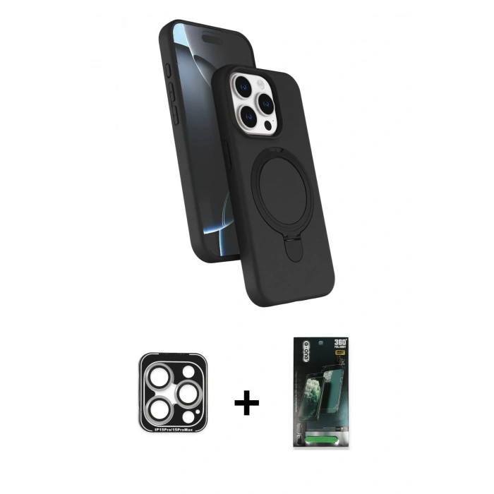 MARSİLYAN™- iPhone 15 Pro Max Kılıf İz Işık Koleksiyonu - Siyah 360 Mat Full Body Arka Koruyucu + PVD Metal Kamera Lens - GS