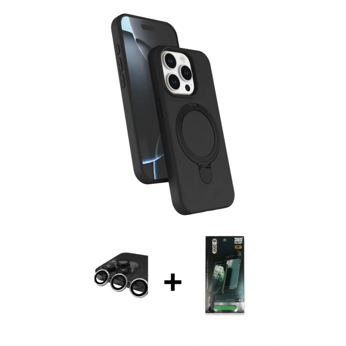MARSİLYAN™- iPhone 15 Pro Max Kılıf İz Işık Koleksiyonu - Siyah 360 Mat Full Body Arka Koruyucu + Raze Metal Kamera Lens - GS