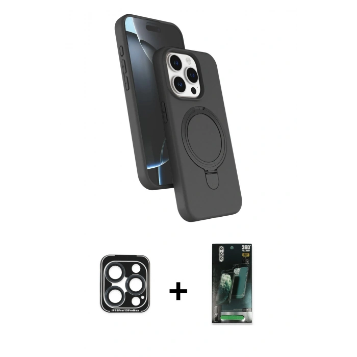 MARSİLYAN™- iPhone 15 Pro Max Kılıf İz Işık Koleksiyonu - Siyah 360 Mat Full Body Arka Koruyucu + PVD Metal Kamera Lens - LT