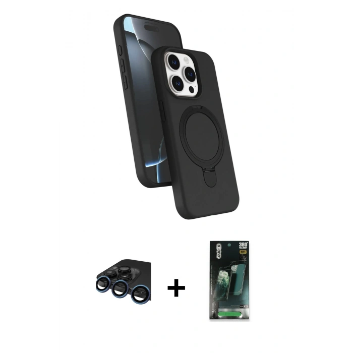 MARSİLYAN™- iPhone 15 Pro Max Kılıf İz Işık Koleksiyonu - Siyah 360 Mat Full Body Arka Koruyucu + Lacivert Raze Metal Kamera Lens