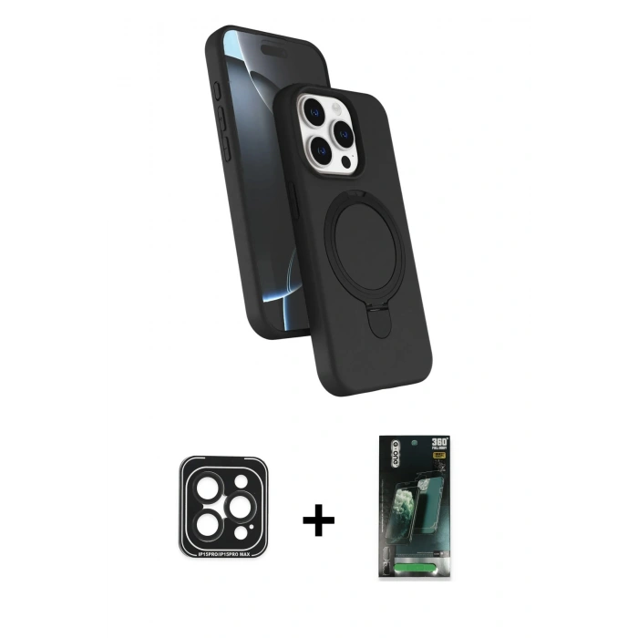 MARSİLYAN™- iPhone 15 Pro Max Kılıf İz Işık Koleksiyonu - Siyah 360 Mat Full Body Arka Koruyucu + PVD Metal Kamera Lens - SH