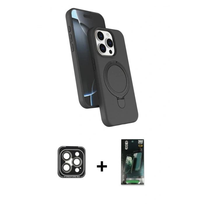 MARSİLYAN™- iPhone 15 Pro Max Kılıf İz Işık Koleksiyonu - Siyah 360 Mat Full Body Arka Koruyucu + PVD Metal Kamera Lens - GI
