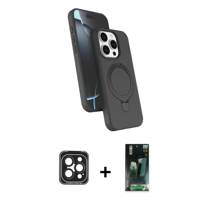 MARSİLYAN™- iPhone 15 Pro Max Kılıf İz Işık Koleksiyonu - Siyah 360 Mat Full Body Arka Koruyucu + PVD Metal Kamera Lens - SH