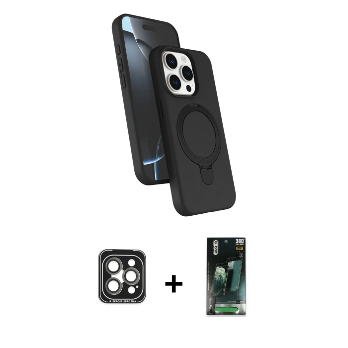 MARSİLYAN™- iPhone 15 Pro Max Kılıf İz Işık Koleksiyonu - Siyah 360 Mat Full Body Arka Koruyucu + PVD Metal Kamera Lens - GI