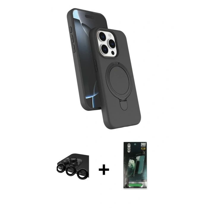 MARSİLYAN™- iPhone 15 Pro Max Kılıf İz Işık Koleksiyonu - Siyah 360 Mat Full Body Arka Koruyucu + Raze Metal Kamera Lens - SH