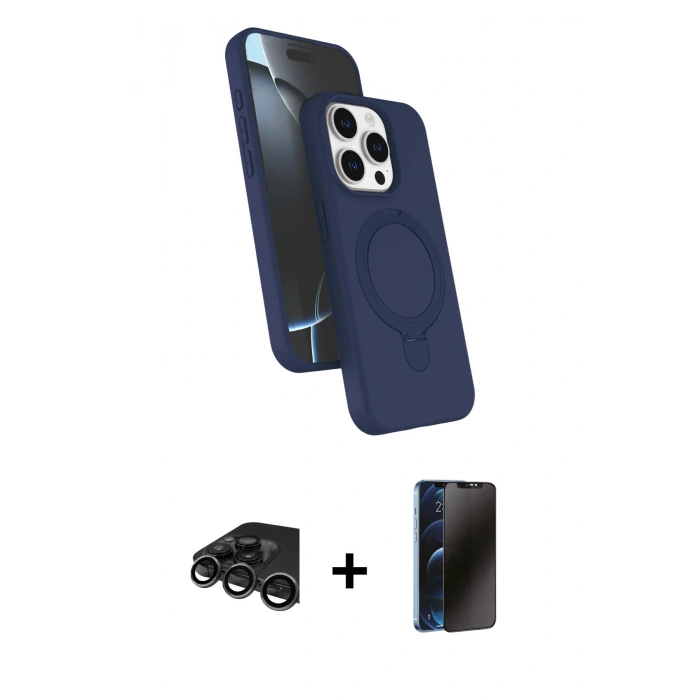 MARSİLYAN™- iPhone 15 Pro Max Kılıf İz Işık Koleksiyonu - Siyah 3D Antistatik Hayalet Cam Ekran Koruyucu + Raze Metal Kamera Lens - TMGI