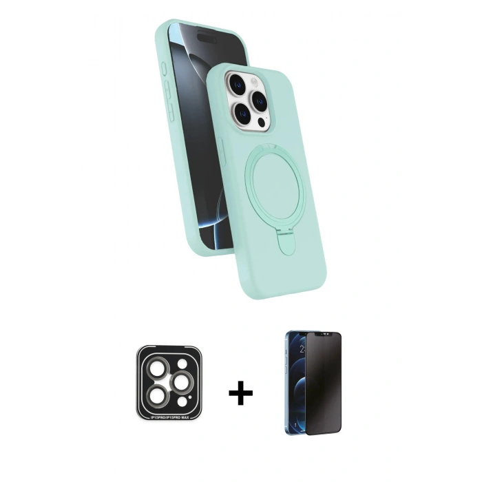 MARSİLYAN™- iPhone 15 Pro Max Kılıf İz Işık Koleksiyonu - Siyah 3D Antistatik Hayalet Cam Ekran Koruyucu + PVD Metal Kamera Lens - GI