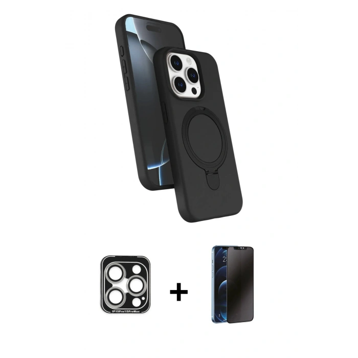 MARSİLYAN™- iPhone 15 Pro Max Kılıf İz Işık Koleksiyonu - Siyah 3D Antistatik Hayalet Cam Ekran Koruyucu + PVD Metal Kamera Lens - GS