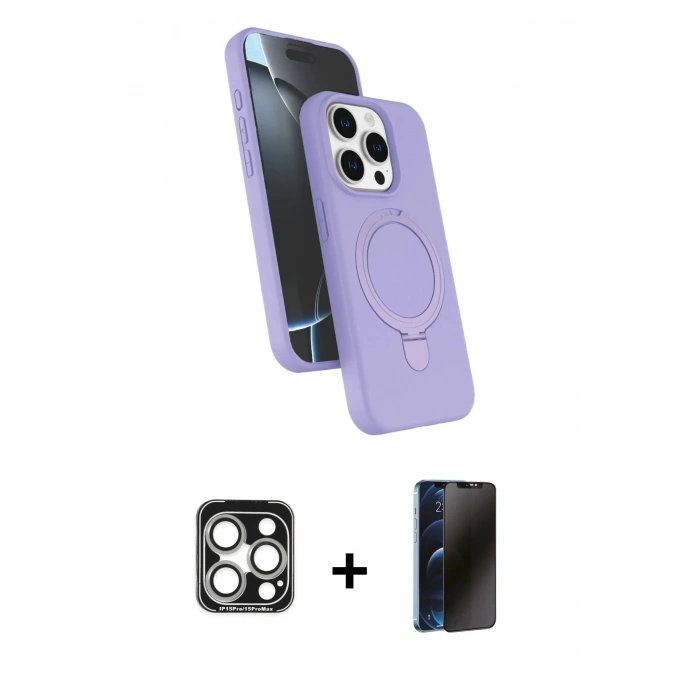 MARSİLYAN™- iPhone 15 Pro Max Kılıf İz Işık Koleksiyonu - Siyah 3D Antistatik Hayalet Cam Ekran Koruyucu + PVD Metal Kamera Lens - GS