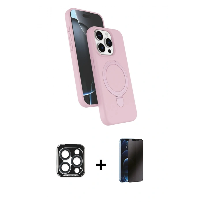 MARSİLYAN™- iPhone 15 Pro Max Kılıf İz Işık Koleksiyonu - Siyah 3D Antistatik Hayalet Cam Ekran Koruyucu + PVD Metal Kamera Lens - LT