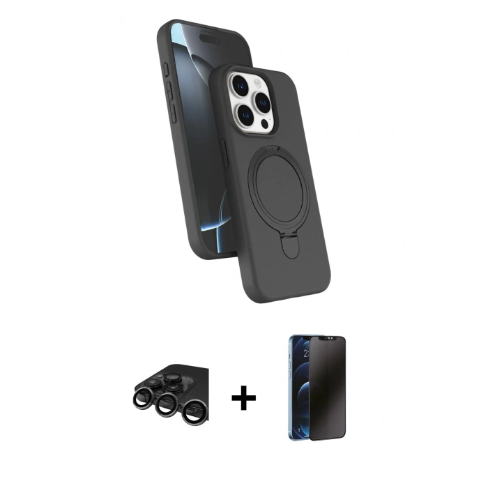 MARSİLYAN™- iPhone 15 Pro Max Kılıf İz Işık Koleksiyonu - Siyah 3D Antistatik Hayalet Cam Ekran Koruyucu + Raze Metal Kamera Lens - TMGI