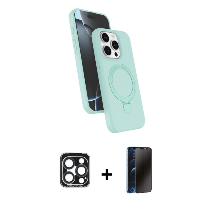 MARSİLYAN™- iPhone 15 Pro Max Kılıf İz Işık Koleksiyonu - Siyah 3D Antistatik Hayalet Cam Ekran Koruyucu + PVD Metal Kamera Lens - LT