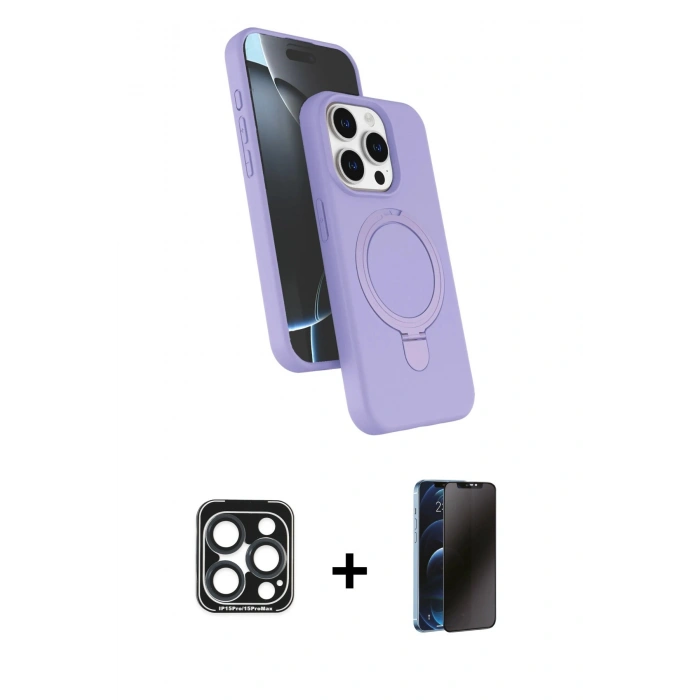 MARSİLYAN™- iPhone 15 Pro Max Kılıf İz Işık Koleksiyonu - Siyah 3D Antistatik Hayalet Cam Ekran Koruyucu + PVD Metal Kamera Lens - LT
