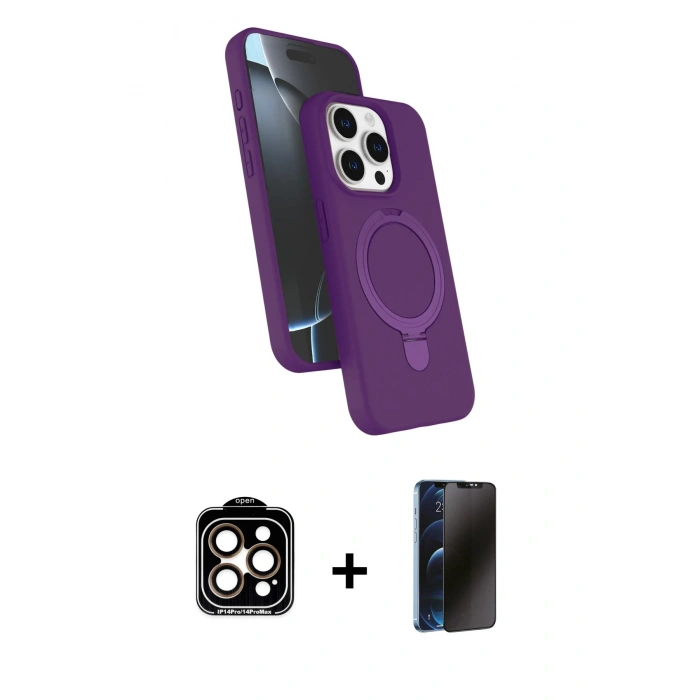 MARSİLYAN™- iPhone 15 Pro Max Kılıf İz Işık Koleksiyonu - Siyah 3D Antistatik Hayalet Cam Ekran Koruyucu + PVD Metal Kamera Lens - TU