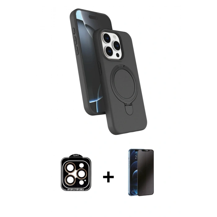 MARSİLYAN™- iPhone 15 Pro Max Kılıf İz Işık Koleksiyonu - Siyah 3D Antistatik Hayalet Cam Ekran Koruyucu + PVD Metal Kamera Lens - TU