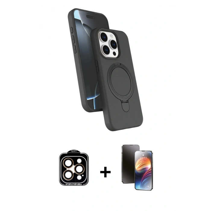 MARSİLYAN™- iPhone 15 Pro Max Kılıf İz Işık Koleksiyonu - Siyah 3D Antistatik Mat Seramik Nano Ekran Koruyucu + Turuncu PVD Metal Kamera Lens
