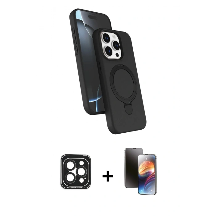 MARSİLYAN™- iPhone 15 Pro Max Kılıf İz Işık Koleksiyonu - Siyah 3D Antistatik Mat Seramik Nano Ekran Koruyucu + PVD Metal Kamera Lens - SH