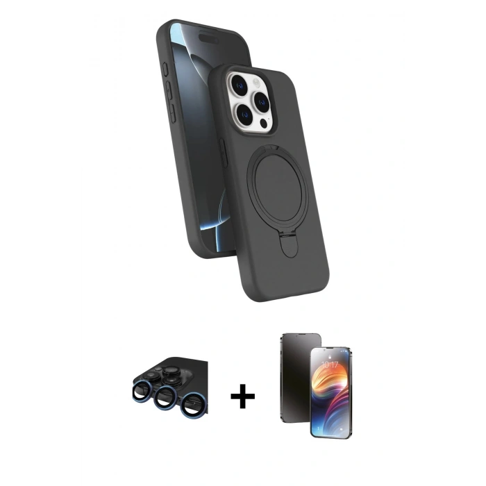 MARSİLYAN™- iPhone 15 Pro Max Kılıf İz Işık Koleksiyonu - Siyah 3D Antistatik Mat Seramik Nano Ekran Koruyucu + Raze Metal Kamera Lens - LT