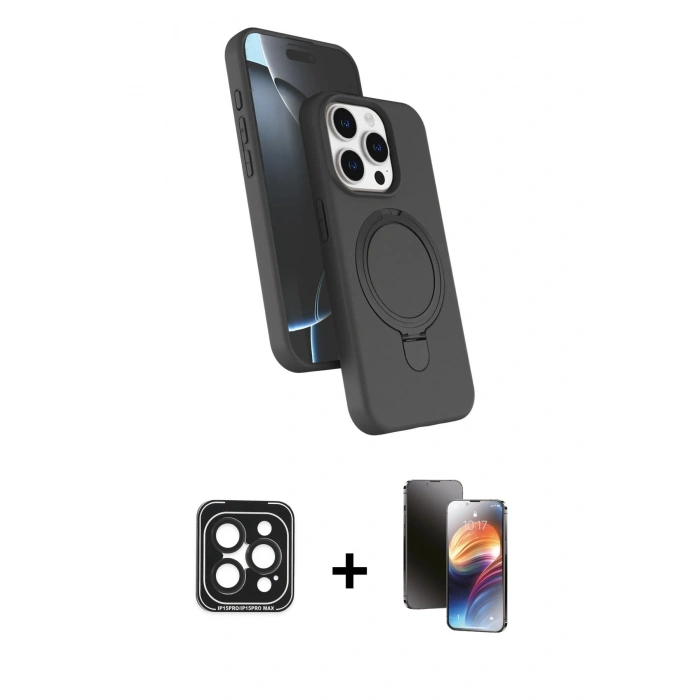 MARSİLYAN™- iPhone 15 Pro Max Kılıf İz Işık Koleksiyonu - Siyah 3D Antistatik Mat Seramik Nano Ekran Koruyucu + PVD Metal Kamera Lens - SH