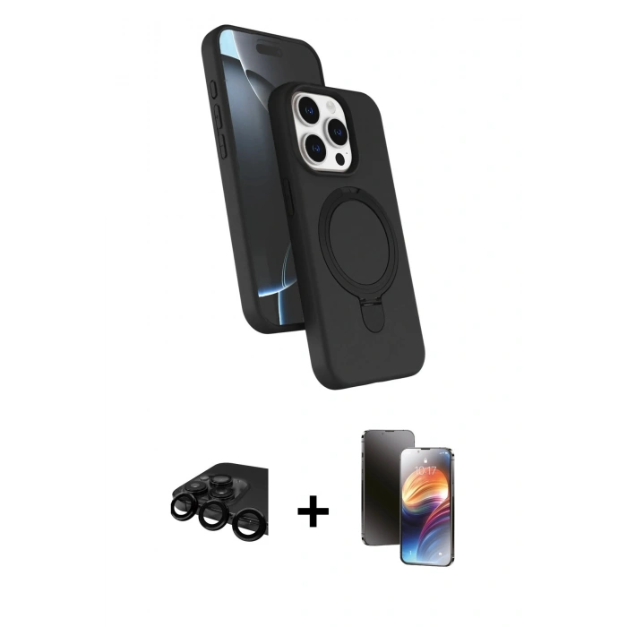 MARSİLYAN™- iPhone 15 Pro Max Kılıf İz Işık Koleksiyonu - Siyah 3D Antistatik Mat Seramik Nano Ekran Koruyucu + Raze Metal Kamera Lens - SH