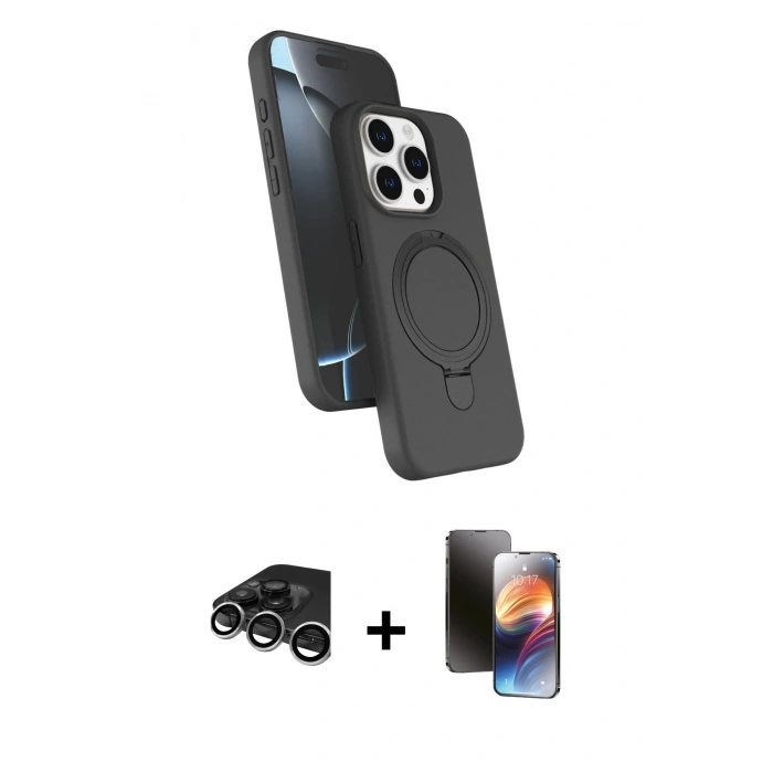 MARSİLYAN™- iPhone 15 Pro Max Kılıf İz Işık Koleksiyonu - Siyah 3D Antistatik Mat Seramik Nano Ekran Koruyucu + Raze Metal Kamera Lens - GS