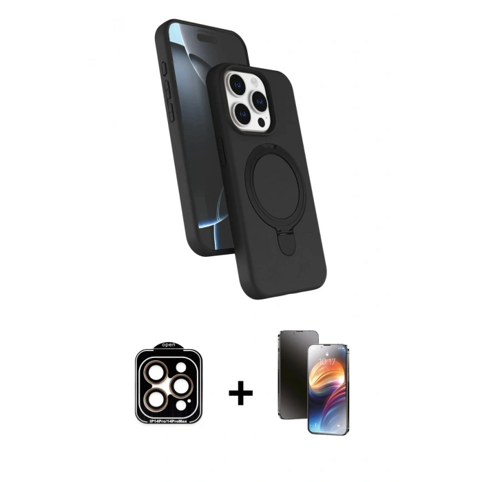 MARSİLYAN™- iPhone 15 Pro Max Kılıf İz Işık Koleksiyonu - Siyah 3D Antistatik Mat Seramik Nano Ekran Koruyucu + Turuncu PVD Metal Kamera Lens