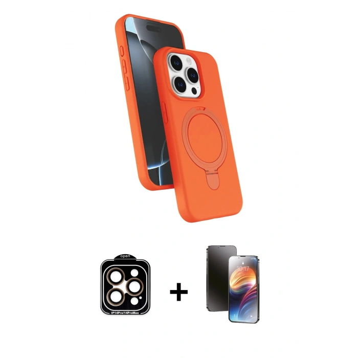 MARSİLYAN™- iPhone 15 Pro Max Kılıf İz Işık Koleksiyonu - Siyah 3D Antistatik Mat Seramik Nano Ekran Koruyucu + Turuncu PVD Metal Kamera Lens