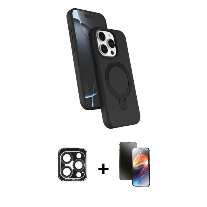 MARSİLYAN™- iPhone 15 Pro Max Kılıf İz Işık Koleksiyonu - Siyah 3D Antistatik Mat Seramik Nano Ekran Koruyucu + PVD Metal Kamera Lens - LT