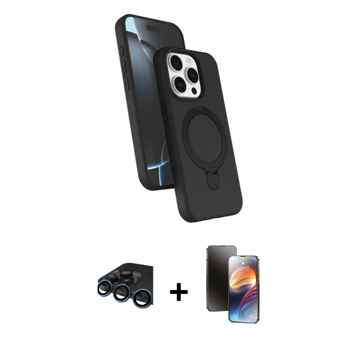 MARSİLYAN™- iPhone 15 Pro Max Kılıf İz Işık Koleksiyonu - Siyah 3D Antistatik Mat Seramik Nano Ekran Koruyucu + Raze Metal Kamera Lens - LT
