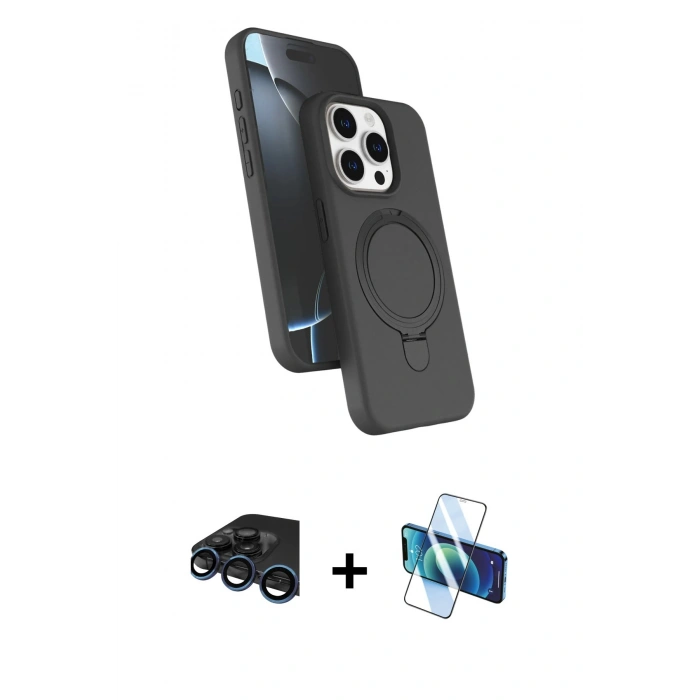 MARSİLYAN™- iPhone 15 Pro Max Kılıf İz Işık Koleksiyonu - Siyah 3D Antistatik Seramik Nano Ekran Koruyucu + Raze Metal Kamera Lens - LT