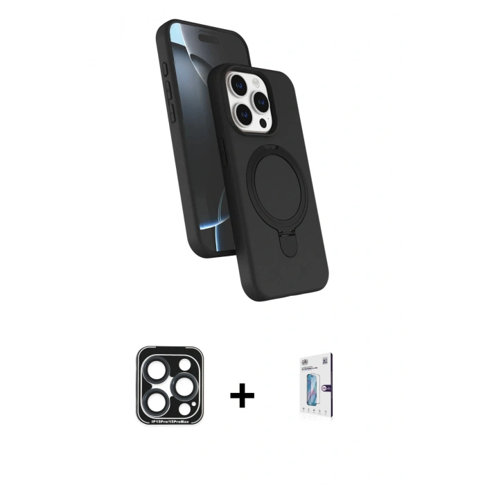 MARSİLYAN™- iPhone 15 Pro Max Kılıf İz Işık Koleksiyonu - Siyah Bilvis 0.18mm Plus Cam Ekran Koruyucu + PVD Metal Kamera Lens - LT