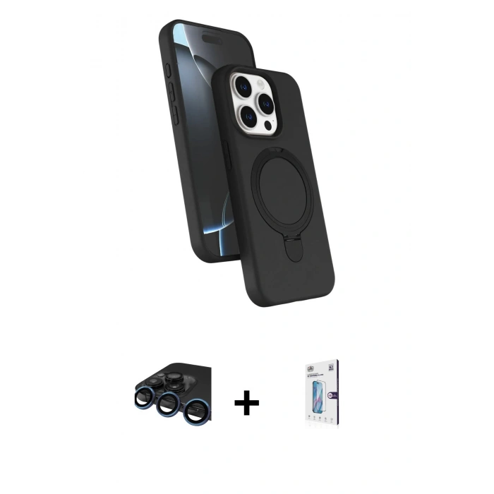 MARSİLYAN™- iPhone 15 Pro Max Kılıf İz Işık Koleksiyonu - Siyah Bilvis 0.18mm Plus Cam Ekran Koruyucu + Lacivert Raze Metal Kamera Lens
