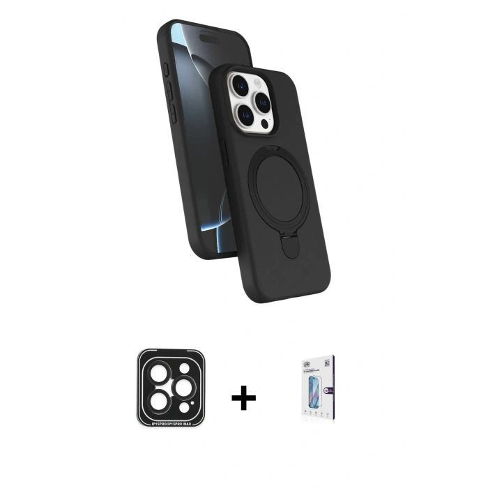 MARSİLYAN™- iPhone 15 Pro Max Kılıf İz Işık Koleksiyonu - Siyah Bilvis 0.18mm Plus Cam Ekran Koruyucu + PVD Metal Kamera Lens - SH