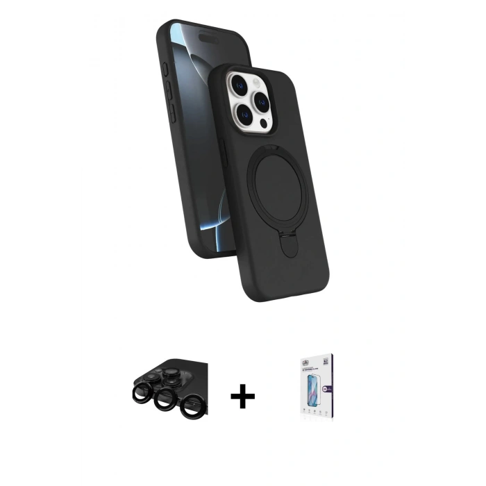 MARSİLYAN™- iPhone 15 Pro Max Kılıf İz Işık Koleksiyonu - Siyah Bilvis 0.18mm Plus Cam Ekran Koruyucu + Siyah Raze Metal Kamera Lens