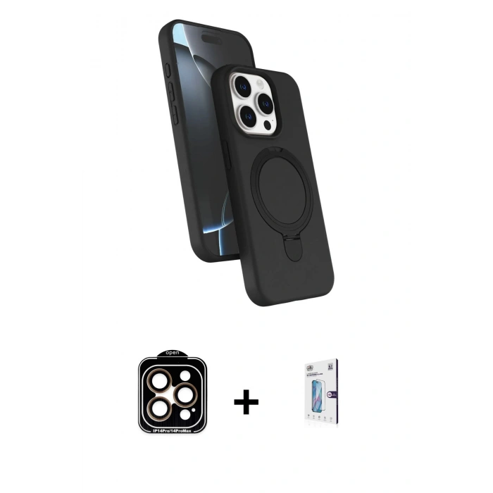 MARSİLYAN™- iPhone 15 Pro Max Kılıf İz Işık Koleksiyonu - Siyah Bilvis 0.18mm Plus Cam Ekran Koruyucu + PVD Metal Kamera Lens - TU