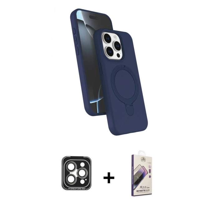 MARSİLYAN™- iPhone 15 Pro Max Kılıf İz Işık Koleksiyonu - Siyah Bilvis 3D Mat Cam Ekran Koruyucu + PVD Metal Kamera Lens - GI