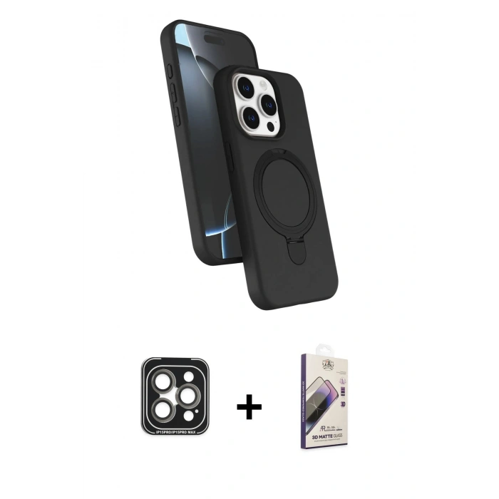 MARSİLYAN™- iPhone 15 Pro Max Kılıf İz Işık Koleksiyonu - Siyah Bilvis 3D Mat Cam Ekran Koruyucu + PVD Metal Kamera Lens - GI