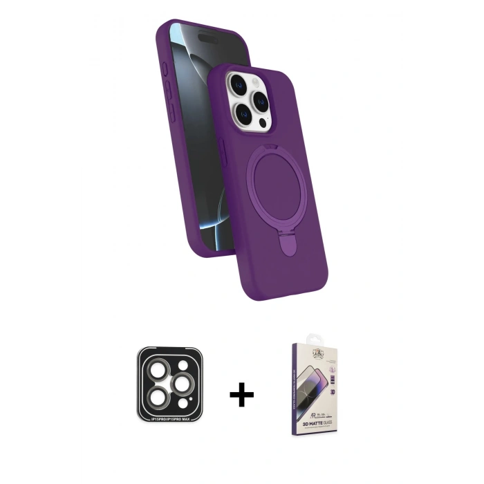 MARSİLYAN™- iPhone 15 Pro Max Kılıf İz Işık Koleksiyonu - Siyah Bilvis 3D Mat Cam Ekran Koruyucu + PVD Metal Kamera Lens - GI