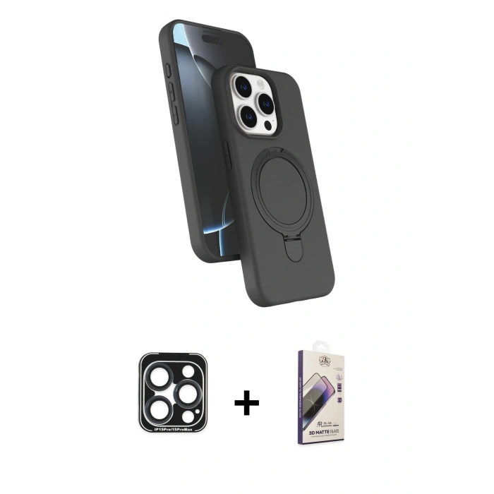 MARSİLYAN™- iPhone 15 Pro Max Kılıf İz Işık Koleksiyonu - Siyah Bilvis 3D Mat Cam Ekran Koruyucu + PVD Metal Kamera Lens - LT