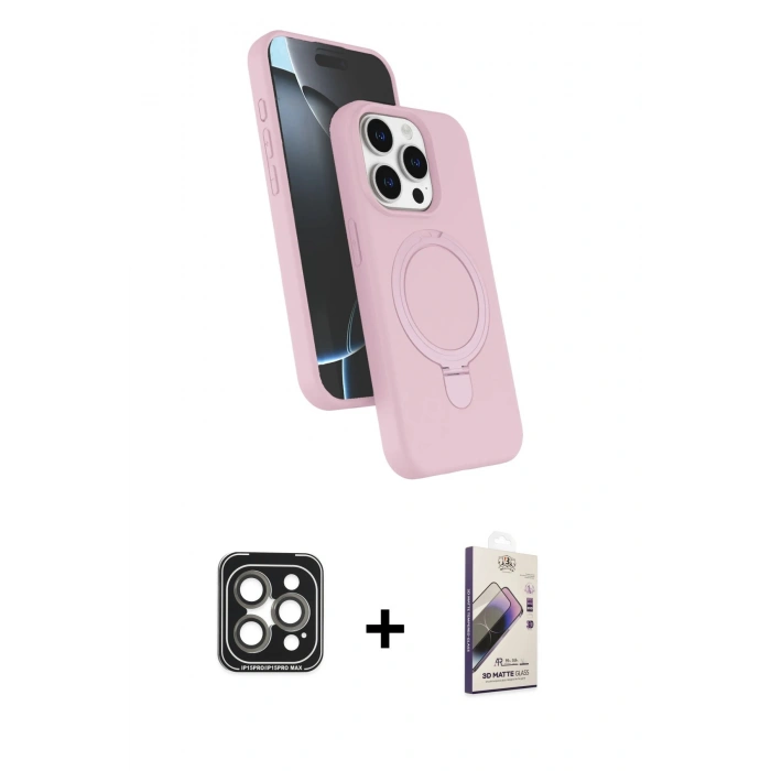 MARSİLYAN™- iPhone 15 Pro Max Kılıf İz Işık Koleksiyonu - Siyah Bilvis 3D Mat Cam Ekran Koruyucu + PVD Metal Kamera Lens - GI